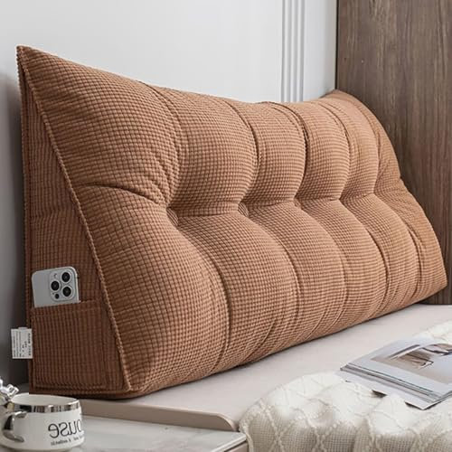 Rückenkissen Bett 200 cm Brown, Cozy Lesekissen für Bett und Sofa, Groß Keilkissen mit Abnehmbarem und Waschbarem Bezug, Praktischem Seitenfach, Rückenpolster für die Wand, Sitzkissen, Wandkissen