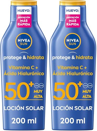 NIVEA SUN Protege & Hidrata Loción Solar FP50+ (200 ml), crema solar 50 de absorción rápida y resistente al agua, protector hidratante con Vitamina C y Ácido Hialurónico, protección UVA/UVB muy alta