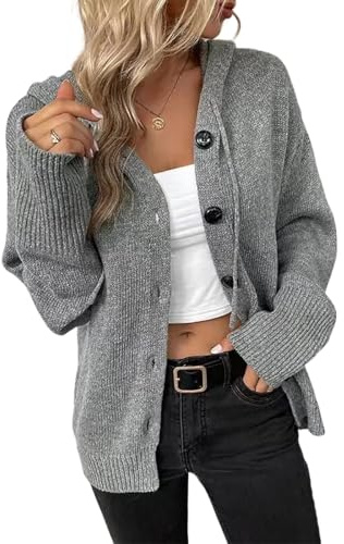 RUISHH Cardigan à Manches Longues et Capuche pour Femme Elégant Pull Tricoté Gilet avec Boutons Décontracté Manteau