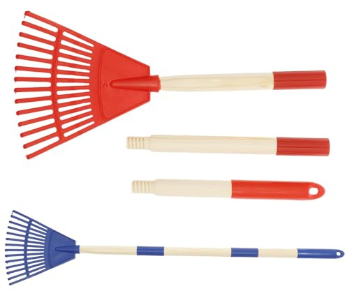 Kuanght 2Pcs Kids Rakes with Detachable Wood Handles 86cm Lawn Rake for Gardening Fun, Garden Tools Gifts for Boys and Girls(Red + Blue)