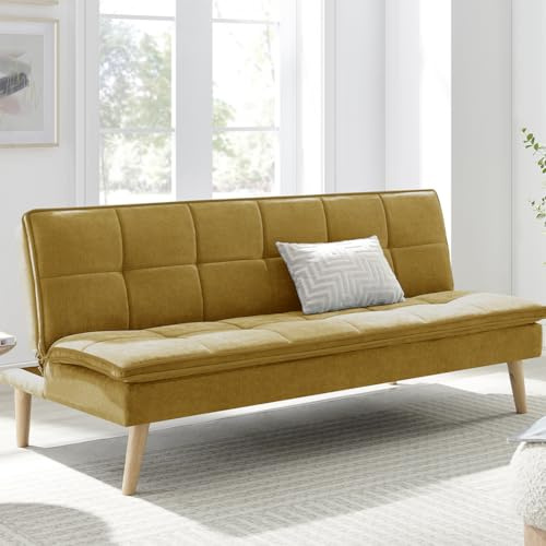 BAKAJI Divano Letto Reclinabile Clic Clac 3 Posti Reclinabile, Rivestimento in Tessuto, Seduta Imbottita ad Alta Densità e Ergonomica, Gambe in Legno, Apertura e Chiusura Facilitata (Mostarda)