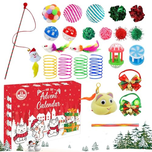 Calendario de Adviento de Juguetes para Gatos - Calendario de Cuenta Atrás con Variedad de Juguetes Navideños para Gato,Detalles Festivos de Adviento para Amantes de Mascotas Familia Adultos