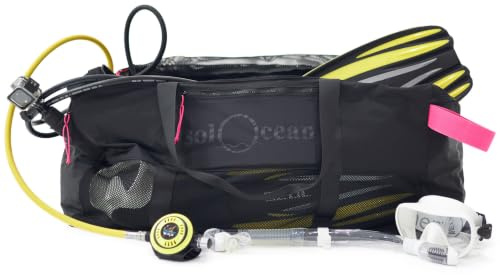 solOcean 100L XL Dive Mesh Duffel Bag - Extra Large Scuba & Snorkel Gear Bag Fits Long Fins & Full Set - Quick-Dry Lightweight Travel Bag with Bottom Drain Vents, Foldable