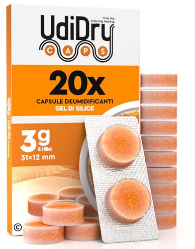 20 Capsule Essiccanti per Apparecchi Acustici UdiDry Caps 3g 31mm Assorbi Umidità con Indicatore di Colore - Capsule Deumidificanti con Gel di Silice di Alta Qualità Anti Umidità per Asciugatura
