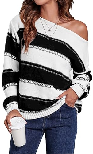 Koerye Jersey Punto Mujer Invierno Punto Cuello Redondo Suéter Mujer Rayas de Costura en Forma Jersey Casual Oversize Manga Larga Cálido Sweater Negro,L