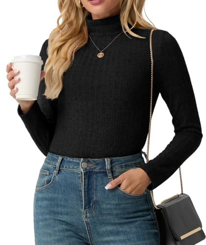 IWOLLENCE Womens Jumpers Ribbed Knitwear Polo Neck Tops Roll Neck Long Sleeve Tops Womens Fashionr (Black, XL)