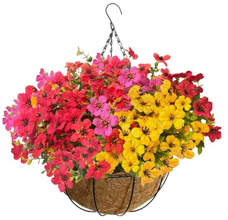 choisonye Artificial Violet Flowers Hanging Basket with Chain, Fake Flowers DIY Hanging Basket for Outdoor Garden Porch Window Box Patio Yard Decor, Multicolor, 12Bunches
