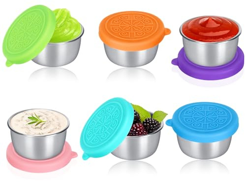Contenitori per condimenti per insalata, confezione da 6, mini contenitori per condimenti da 50 ml con coperchi in silicone, stainless steel grab and go snack containers reusable