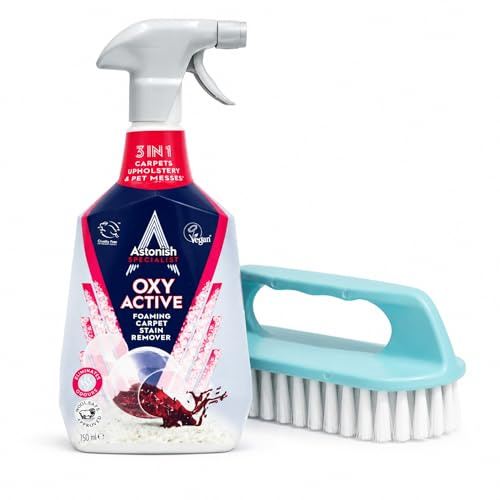 Oxy Active Foaming Carpet Stain Remover 750ml + Cleaning Brush – Powerful Carpet Cleaner for Stains, Odour, Upholstery & Pet Messes – Vegan, Cruelty-Free & Effective Cleaning Solution