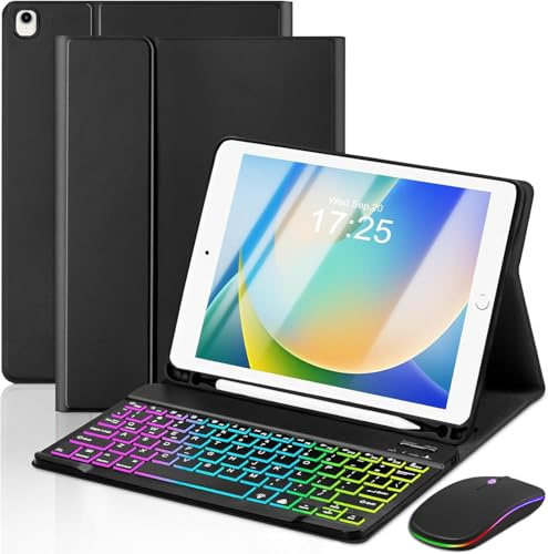 EAMPANG Funda con teclado y ratón para iPad de 9ª, 8ª y 7ª generación de 10.2 pulgadas, 7 colores, retroiluminación arcoíris, teclado USB-C desmontable, funda magnética con ranura para bolígrafo para