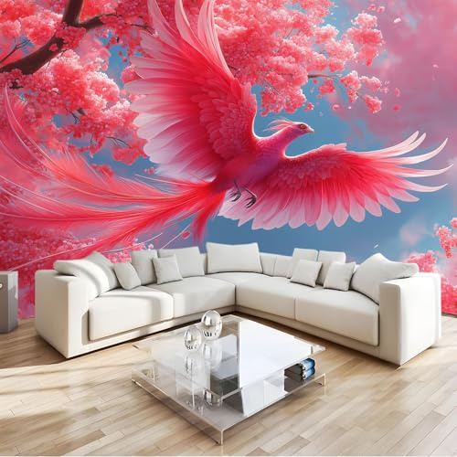 Rosa Carta da parati murale, Fantasia Animazione Fiori Uccelli Carta da parati per soggiorno camera da letto, murale decorativa non tessuto per sala da pranzo corridoio 250 x 175 cm