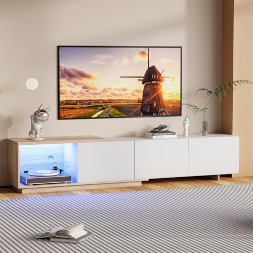 MISNODE Mueble de TV de 240 cm, panel para TV, bajo brillo, con iluminación LED, mueble de salón, mueble moderno para TV de madera con 3 cajones, color blanco (blanco, 240 cm)