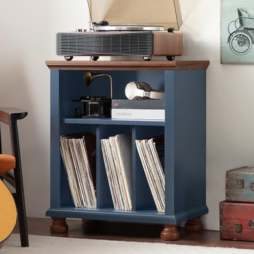 LELELINKY Large Record Player Stand with Vinyl Record Storage, 24 Wide Wood Turntable Stand, Mid-Century Record Player Table Up to 200 Albums, Cabinet Dispaly Shelf for Living Room, Bedroom, Blue