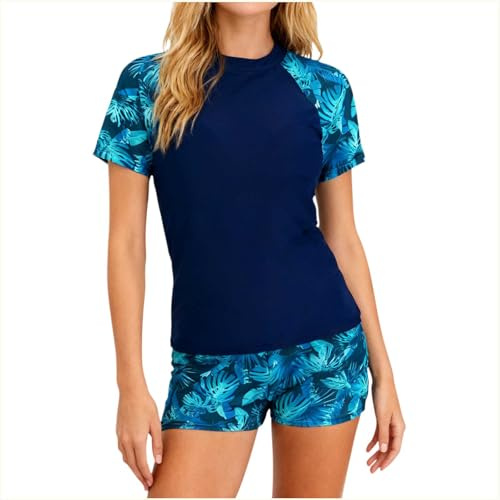 Swimming Costume Women Rash Guard Tankini Set Short Sleeve 2 Piece Swimwear High Waisted Tummy Control Swim Bottom Sun Protection Quick Dry Bathing Suits Sports Athletic Swimsuits
