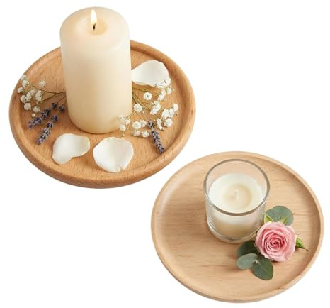 Kerzenständer Holz 2er Set, Holzdeko Kerzenteller 10cm | Massives Akazienholz, 10cm Außendurchmesser, Für Stumpenkerzen, Leicht Zu Reinigen