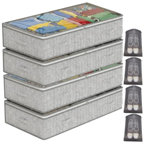Unterbett Aufbewahrungsbox 4 Stück Unterbettkommode und klarem Transparenter Deckel,18 cm hoch aus langlebigem Material, 4 Griffen & 2 Reißverschluss Faltbar Kleideraufbewahrung & Organisation - Grau