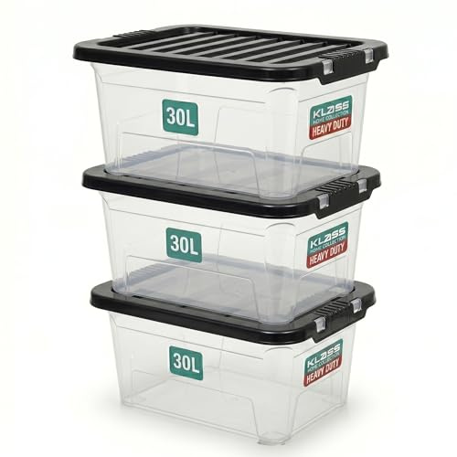 Klass 3 PCS 30L Plastic Storage Boxes With Lids Clear Storage Box Black Lid