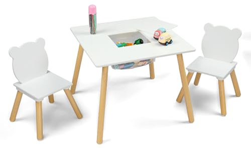 Bonnlo Kindertisch mit 2 Stühlen aus Holz, Kleinkinder Spieltisch mit Stauraum, Kindersitzgruppe, 3-teiliger Kinder Tisch Stuhl Set für Spielen, Basteln, Lesen, Lernen und Essen, Weiß