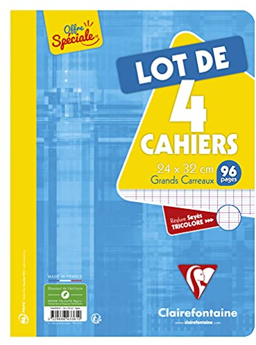 Clairefontaine 643361C - Packung mit 4 Schulheften / Heft DIN A4+ 24x32 cm, 48 Blatt französische Lineatur 90g, geheftet, farbig sortiert, 1 Pack