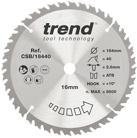 Trend Holz Kreissägeblatt, 184mm Durchmesser, 16mm Bohrung, 40 Zähne, HW, 2,6mm Schnittbreite, +15° Haken, CSB/18440