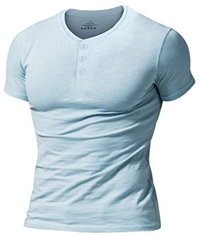 Men's Slub Henleys T-Shirt Short Sleeve Lightweight Relaxed Fit Casual with 3 Buttons Placket Round Neck Shirts Color Light Blue Size M