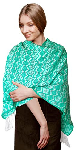 TINKUY Peru Pashmina-Schal, 100 % Alpaka, peruanisch, 155 x 55 cm, Türkis/Elfenbein, Einheitsgröße