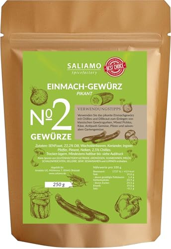 250g Einmachgewürz pikant für Gurken und Gemüse, Einlegegewürz für Essiggurken, zum Einmachen von Gemüse, Gewürz mit Chillies und Dill