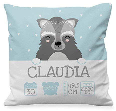 NANNUK - Cojín Nacimiento personalizado Mapache para recién nacidos, se personaliza con nombre, hora, fecha, peso y medida del bebé.