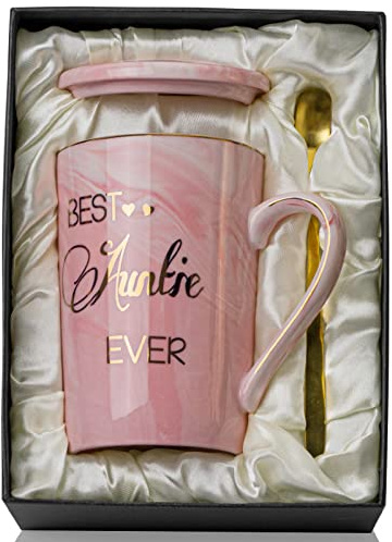 Auntie Gifts, Birthday Gift for Aunty, Best Auntie Gifts from Niece Nephew | 14oz Marble Coffee Mug with Gold Print, Features Slogan Best Auntie Ever, Present for Aunt, Dishwasher and Microwave Safe