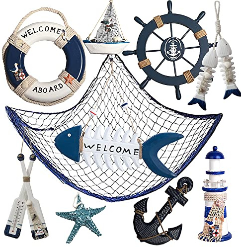 10 PCS Wood Coastal Wall Hanging Ornament Decoration, Nautical Mediterranean Style Beach Wooden Lighthouse, Anchor, Boat, Rudder, Oar, Life Ring, Ship, Starfish, Fishing Nets, Steering Wheel Sailing Home Decor