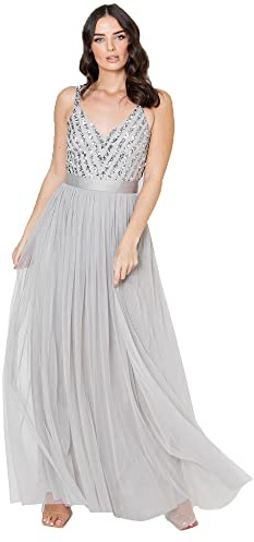 Maya Deluxe Maxi Abendkleid Damen Elegant für Hochzeit mit V-Ausschnitt Tüllkleid Damen mit Schleife Brautjungfernkleid