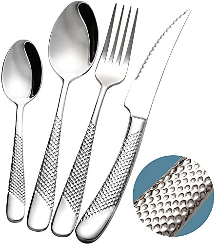 Xideman® Set di Posate 24 Pezzi Moderne martellato con Coltello seghettato 2 in 1 Ultra affilato, Servizio Posate Acciaio Inox 18/10, Set forchette cucchiai coltelli 6 Persone