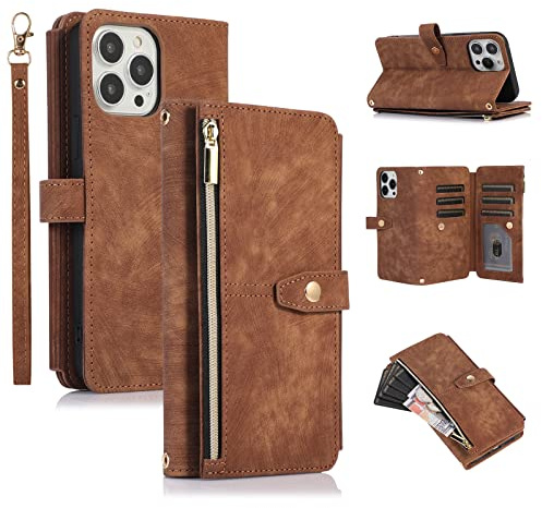 UEEBAI Étui pour iPhone 13 Pro Max 6.7 inch, Portefeuille Cuir PU Rétro Rabat Antichoc Housse avec Dragonne Fentes Cartes Fonction Support Fermeture Magnétique - Vintage Brun