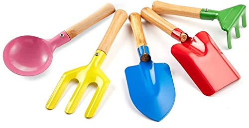 Aptoper Kids Gardening Tools Set, 8 Safe Beach Sandbox Toy Made of Metal with Sturdy Wooden Handle Gardening Equipment Fork, Trowel, Rake & Shovel for Children (5 Pcs)