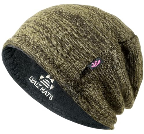 Lvaiz Vinter fleecefodrad stickad mössa hattar för män vändbar vindtät klocka hatt varm skalle keps för kvinnor, Khaki + grå, one size