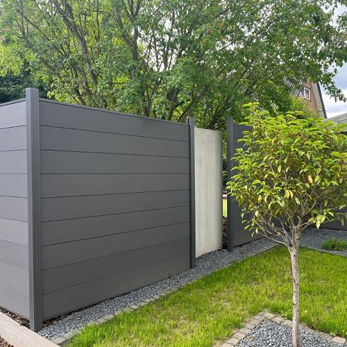 INOSAR Kit complet de clôture brise-vue WPC - Clôture de jardin à lamelles - 5 poteaux + 4 éléments (l x H x P) : environ 7,55 m x 1,90 m x 7 cm