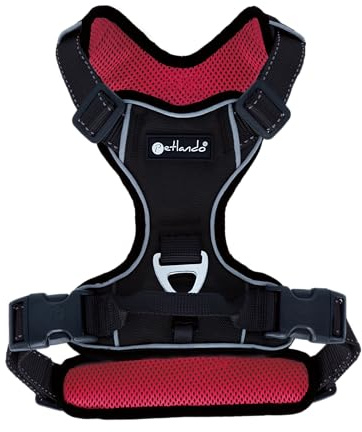 Petlando Hundegeschirr Outdoor – stark reflektierend, gepolstert, atmungsaktiv, robust, stufenlos verstellbar, Zwei D-Ringe – Rot, L (Halsumfang 48-62cm, Brustumfang 68-82cm)