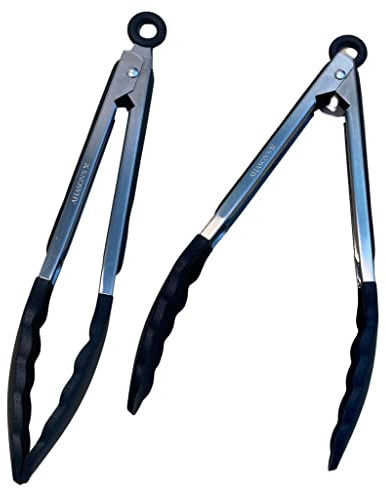 AHASON'S Silicone Tong 7-9 inchs Set of 2,BPA Free Silicone Tips Thickened Stainless Steel,480℉ Heat Resistant Handle,Turning,Serving Tong,Barbecue,Buffet,Salad,Oven, Air Fryer(18cm-23cm,Black)