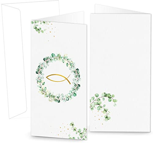 Logbuch-Verlag 10 Kommunion Taufe Klappkarten mit Kuvert als Menükarte, Einladungskarte & Dankeskarte Eukalyptus Fisch grün gold 10,5 x 21 cm