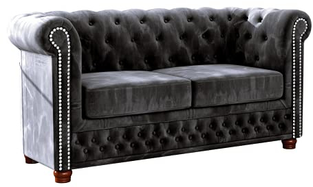 S-Style Möbel Harwell Sofa 2-Sitzer Chesterfield-Sofa für Wohnzimmer Lounge Couch mit verchromten Füßen Möbel Freistehende Polster Sofas & Couches Couchgarnitur Schwarz 148 x 86 x 72 cm