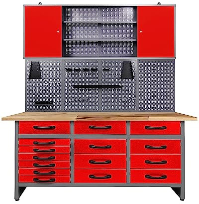 Ondis24 Werkstatteinrichtung 160cm, Werkstatt - Werkbank, Hängeschrank, Euro - Lochwand mit Haken (rot)
