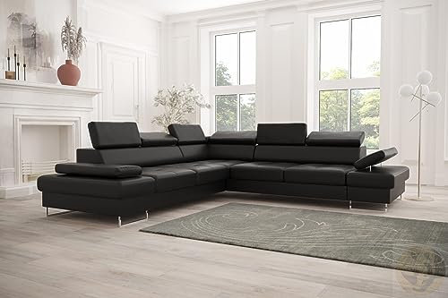 LENART FRIDERIK-EU - Ledersofa, Ecksofa mit schlaffunktion [ Rechts - SCHWARZ ] Eckcouch mit schlaffunktion, Wohnzimmer Sofa, Eckcouch, Wohnzimmer Möbel, Sofas & Couches, Couch
