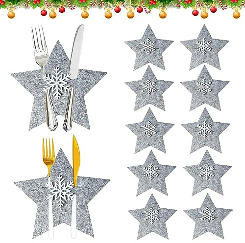 Qooloo Besteckhalter Weihnachten Filz, 12 Stück Bestecktasche Stern Besteckbeutel Tischdekoration Grau Weinachts Schneeflocken Löffel Geschirr Besteck Taschen für Party Tisch Weinachtsdeko