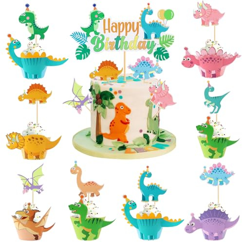 49 Stück Dinosaurier Cupcake Topper, Dino Geburtstagskuchen Deko | mit Dekospießen, Thema Dino Party Dekoration für Kindergeburtstag Baby Shower