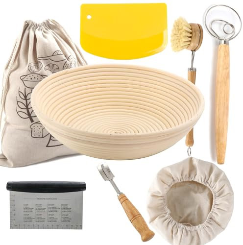 grandtobuy Rattan Bread Proofing Basket Set Sourdough Bannetons Proving Basket Bread Baking Mold Tools Fermentation Basket with Cloth Liner Dough Scraper Dough Whisk (Round 10 inch)