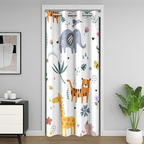 Homewish Türvorhang Zoo, Tiere, 132 x 203 cm, blickdicht, Tiger, Giraffe, Zebra, niedlich, Kawaii, für Kinderzimmer, Fensterbehandlung mit Krokodilmotiv, botanisches Blatt