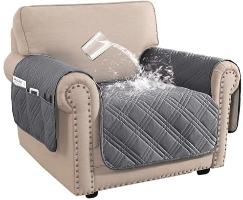 BellaHills Waterproof Sofa Cover 1 Seater Living Room Armchair Covers Sofa Slipcovers Chair Seat Covers with Side Pocket for 1 Seater Sofa Washable Couch Cover for Dogs (1 Seater, Grey)