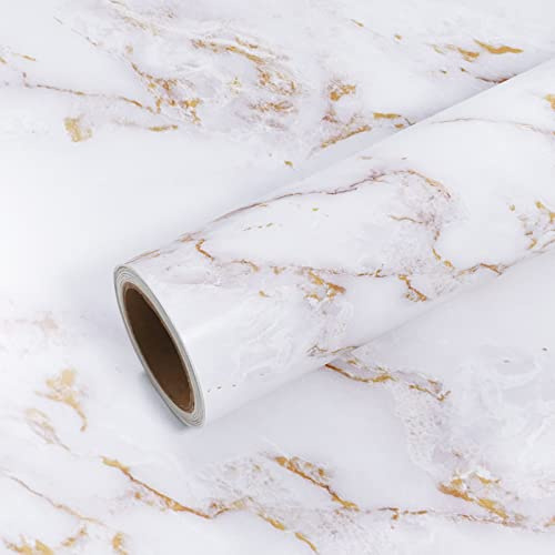 VEELIKE Klebefolie Marmoroptik Weiß Gold Marmor Folie Arbeitsplatte Küche Möbelfolie Marmor Tapete für Wand Badezimmer Selbstklebende Folie Küchenrückwand Abwaschbare Tapete Wohnzimmer 40cm×300cm