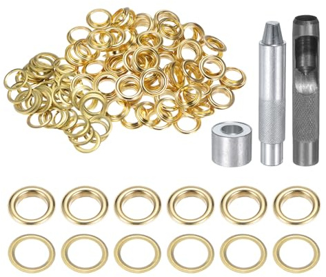 QUARKZMAN Kit de Herramientas de Ojales de Cobre 14 mm Tono Dorado 100 Pcs | con Punzón Hueco, Herramientas de Instalación de Ojales para Ropa, Cuero, Tela, Cinturones
