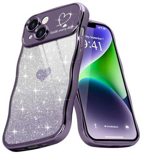 Teageo Cute Heart Pattern Curly Phone Case for iPhone 14, Wave Frame Glitter Case for Girls Women Aesthetic Bling Cover Shockproof Soft TPU Bumper for iPhone 14, Purple | Love Heart Glitter Bling Camera Protection Sparkly Luxury Elegant Shockproof Cover Clear Wave Phone Case for iPhone 14 6.1